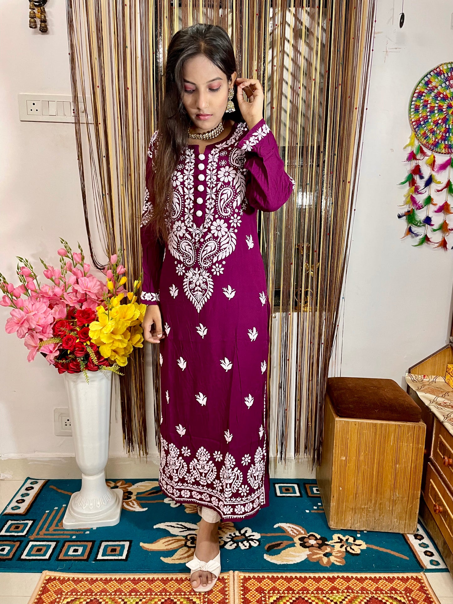 Lucknowi Chikankari Handwork Celebrity Collection – Heavy Rayon (Modal) Long Kurti by ADR Chikan