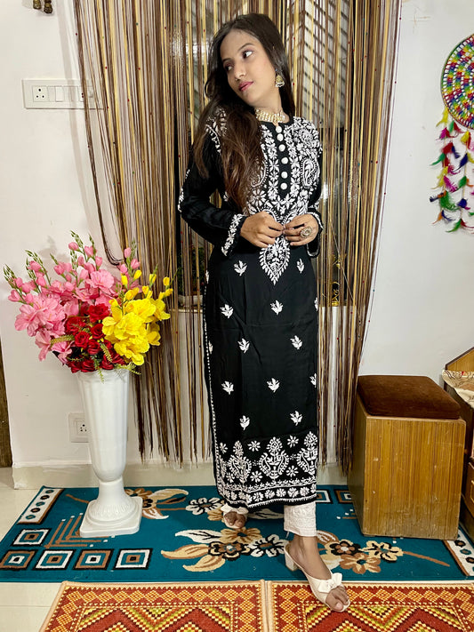 Lucknowi Chikankari Handwork Celebrity Collection – Heavy Rayon (Modal) Long Kurti by ADR Chikan