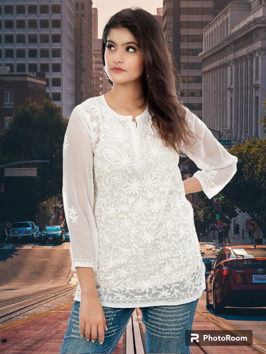 Lucknowi Chikankari Work Short Top Pink Kurta For Girls & Women's