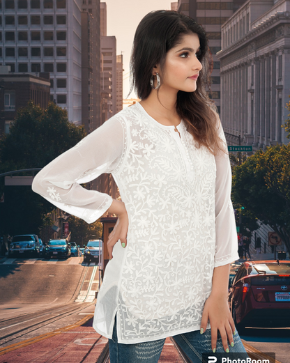 Lucknowi Chikankari Work Short Top White Kurta For Girls & Women's.