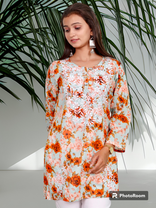 Lucknowi Chikankari Work Short Top MUL MUL Cotton Kurta Set For Girls & Women's