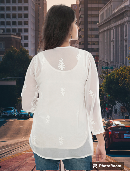 Lucknowi Chikankari Work Short Top White Kurta For Girls & Women's.