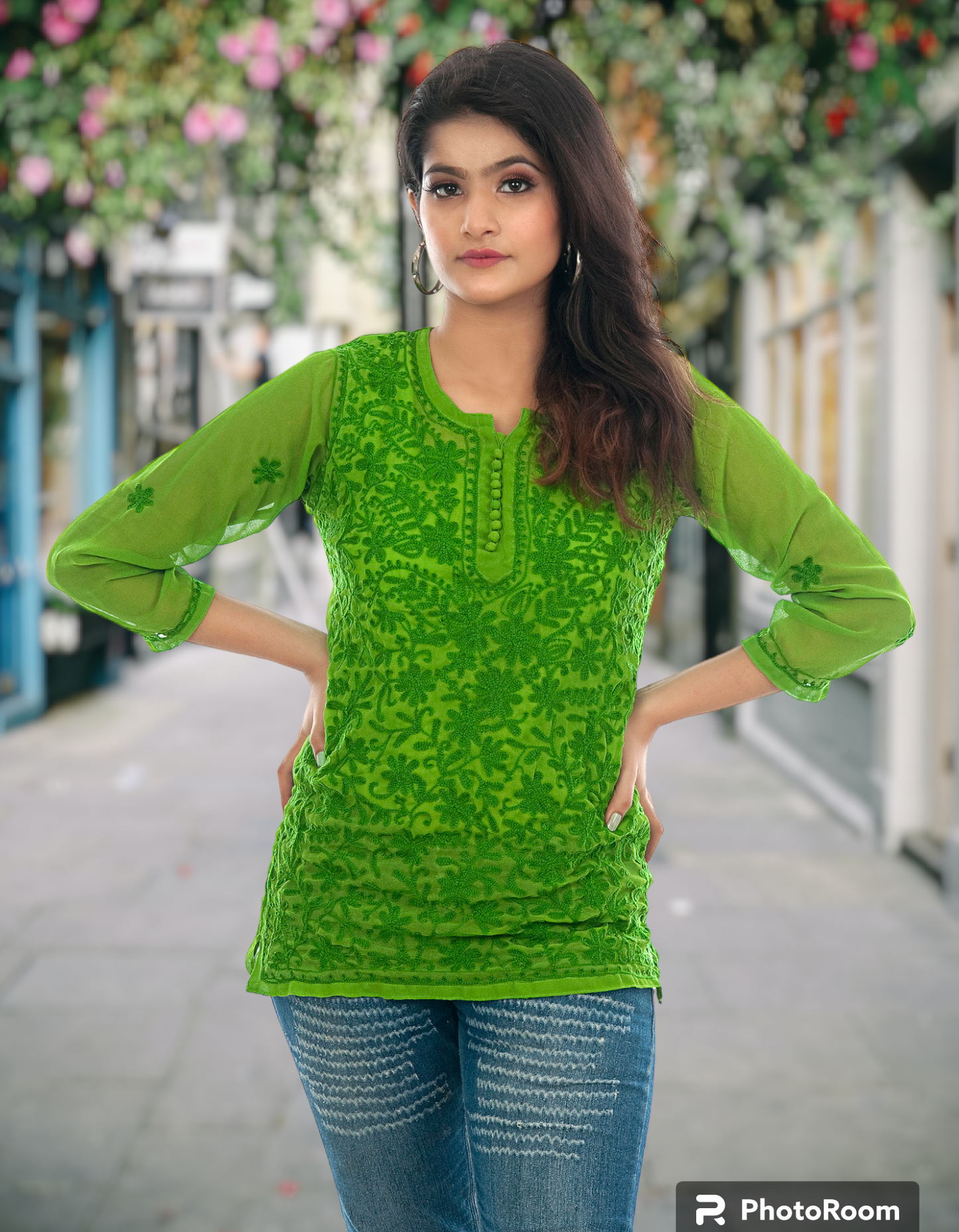 Lucknowi Chikankari Work Short Top Green Kurta For Girls & Women's