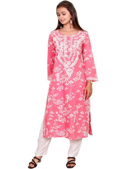 Mul Mul Cotton Chikankari Handwork Long Kurti For Women (Color Chart)