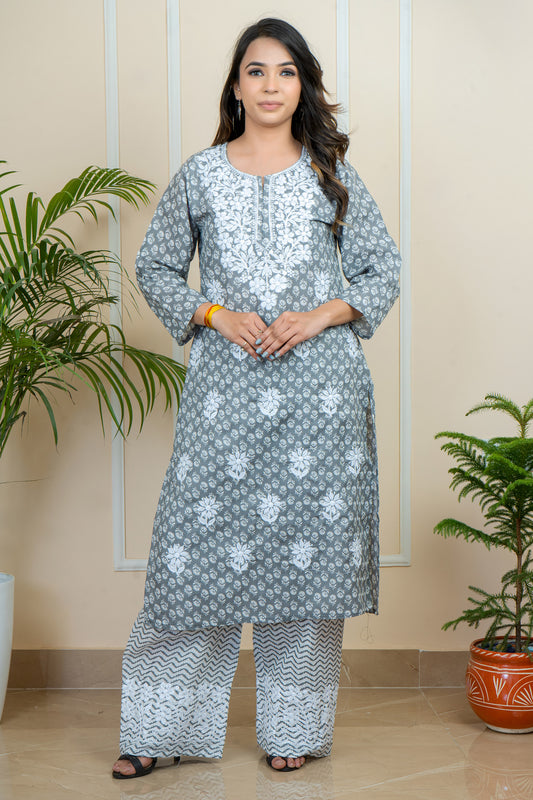 Lucknowi Chikankari Cotton Printed Long Kurti with Palazzo Set by ADR Chikan
