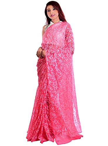 ADR Women's Lucknow Chikankari Tepchi Work Georgette Saree(Color Chart)