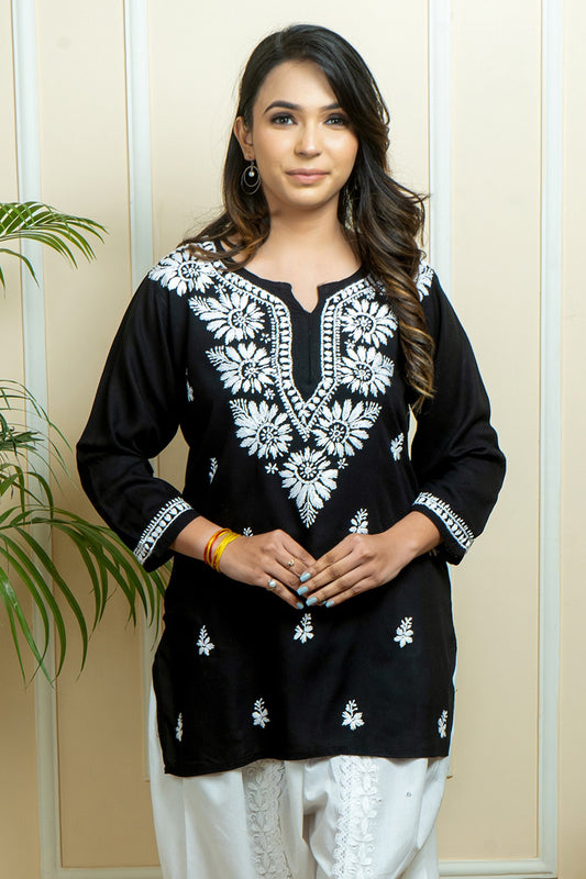 Lucknowi Chikankari Handwork Black Rayon Short Kurti by ADR Chikan