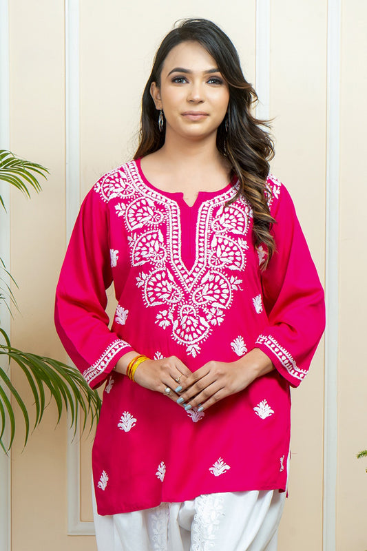 Lucknowi Chikankari Handwork Pink Rayon Short Kurti by ADR Chikan