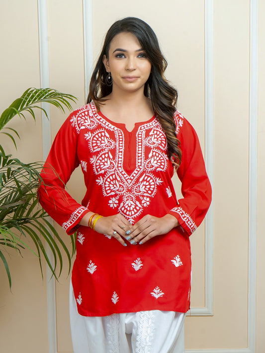 Lucknowi Chikankari Handwork Red Rayon Short Kurti by ADR Chikan