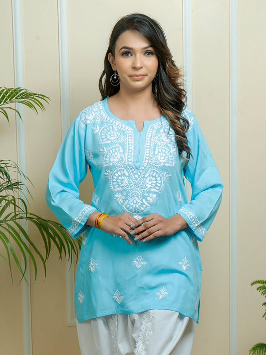 Lucknowi Chikankari Handwork Sky Blue Rayon Short Kurti by ADR Chikan