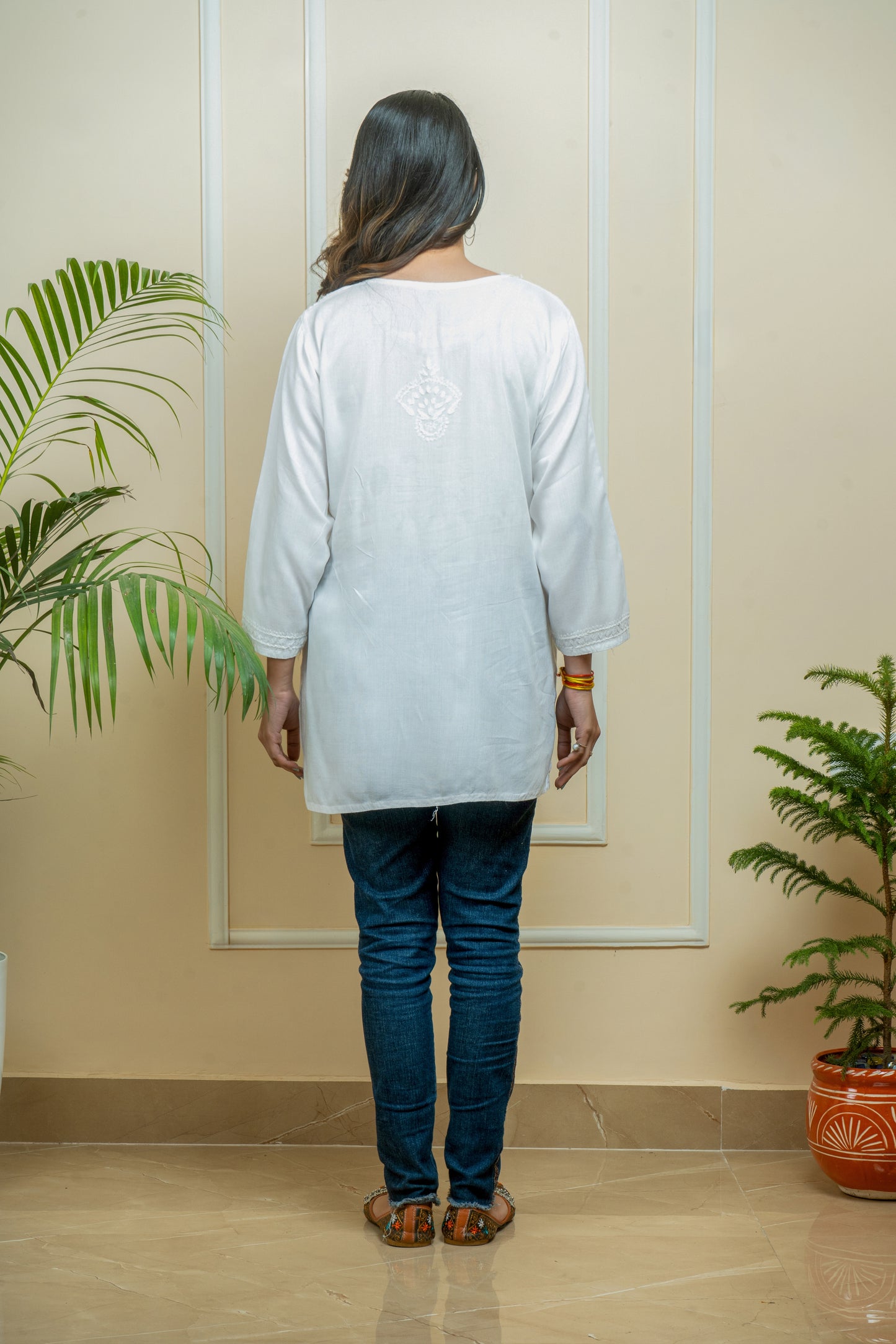 Lucknowi Chikankari Handwork White Rayon Short Kurti by ADR Chikan