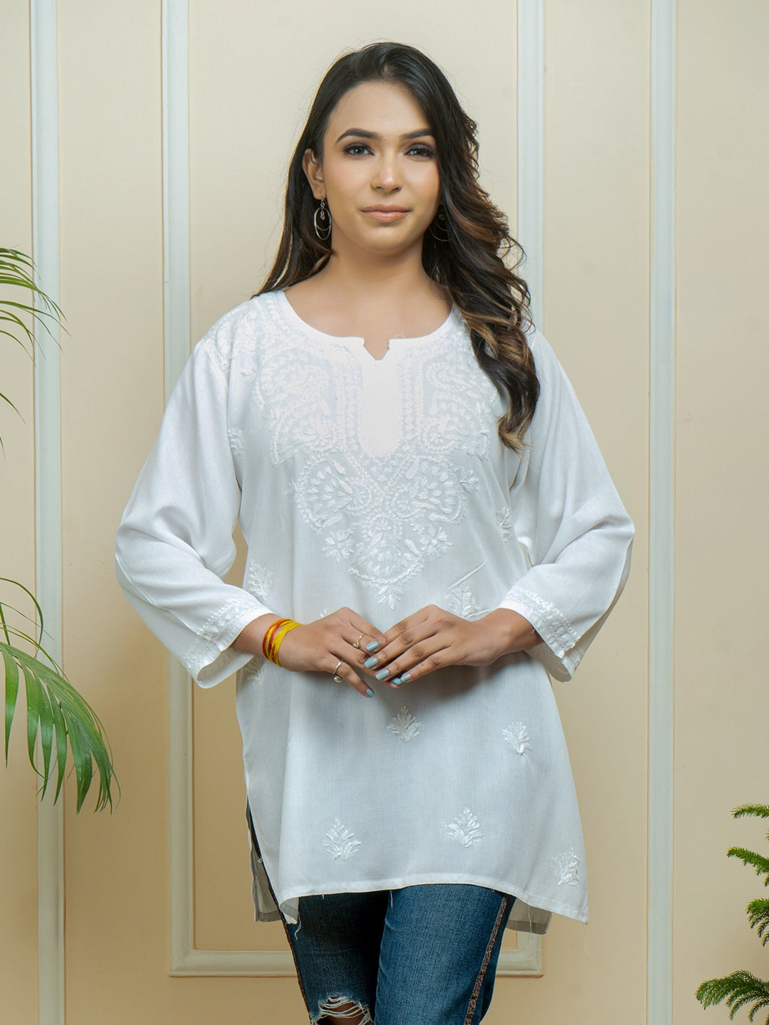 Lucknowi Chikankari Handwork White Rayon Short Kurti by ADR Chikan