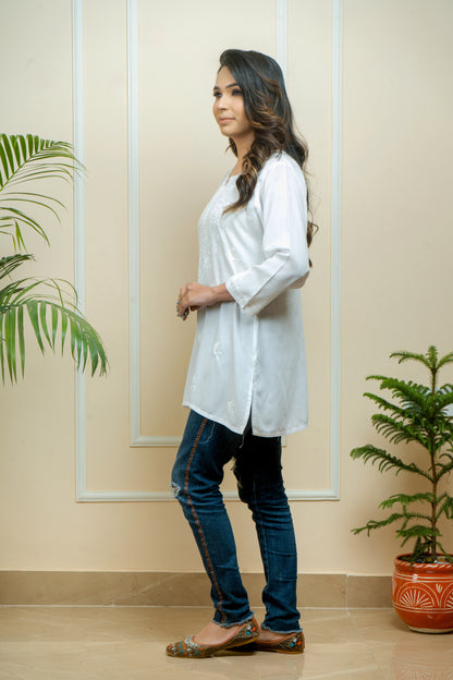 Lucknowi Chikankari Handwork White Rayon Short Kurti by ADR Chikan