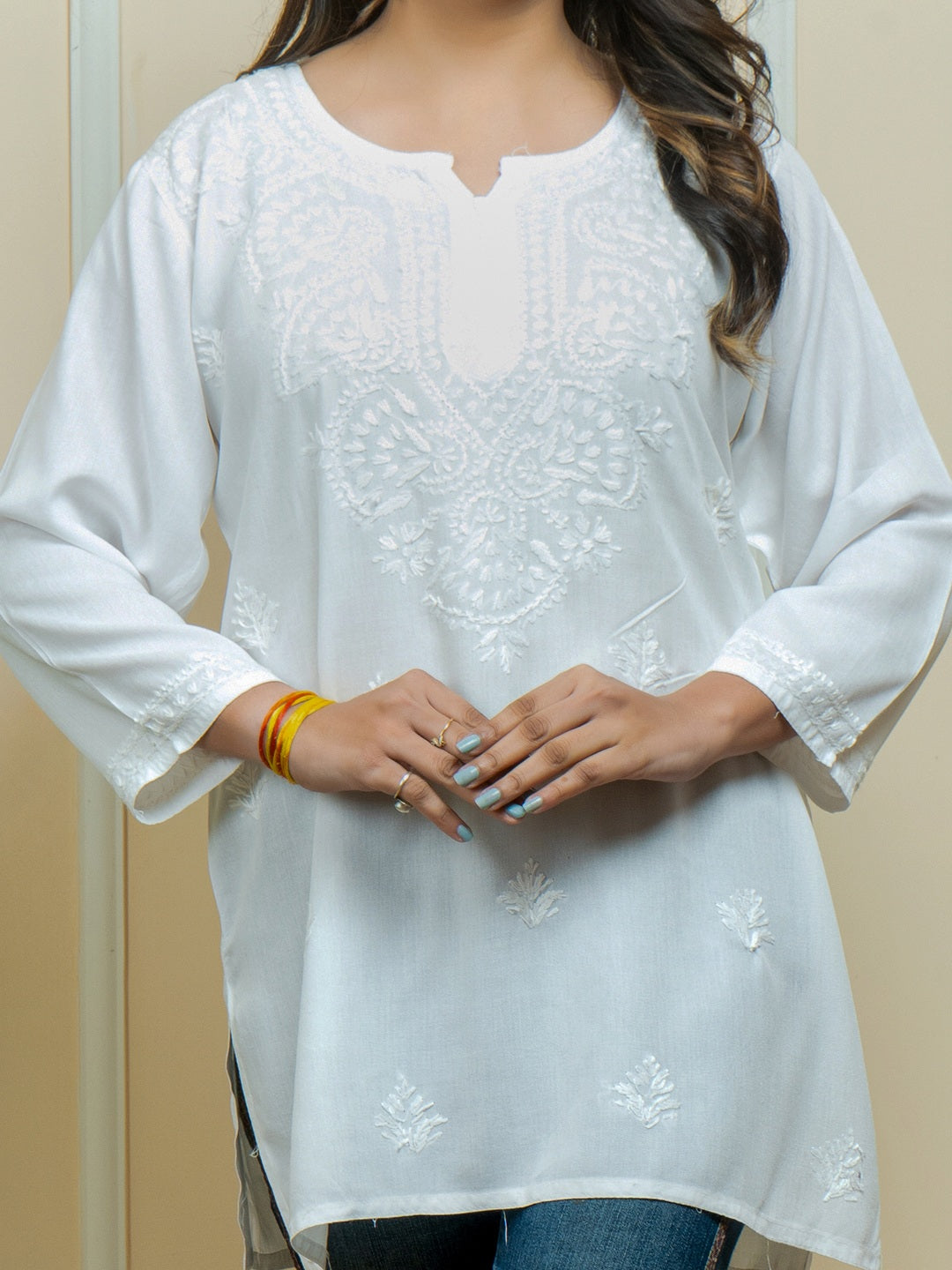 Lucknowi Chikankari Handwork White Rayon Short Kurti by ADR Chikan