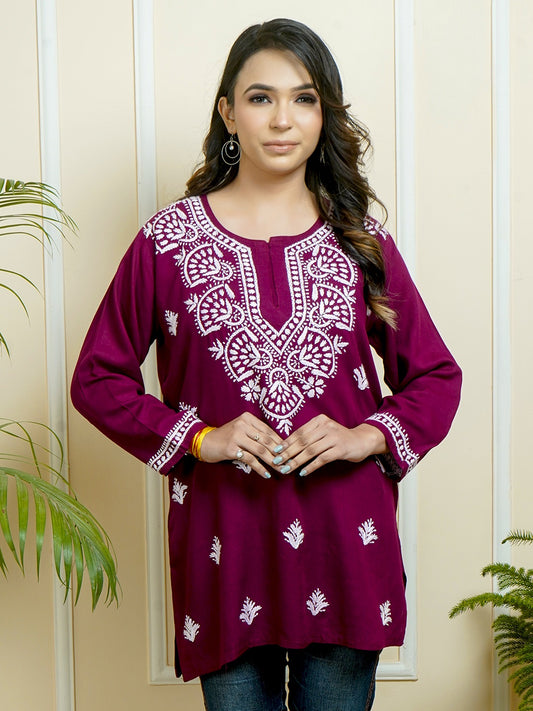 Lucknowi Chikankari Handwork Wine Rayon Short Kurti by ADR Chikan