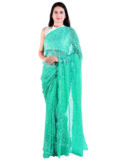 "ADR Women's Lucknow Chikankari Tepchi Work Georgette Saree (Color Chart Available)"