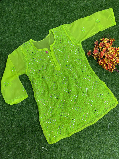 Mehak Real Mirror work Aari Chikankari Soft Georgette Green Short Kurta.