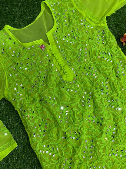 Mehak Real Mirror work Aari Chikankari Soft Georgette Green Short Kurta.