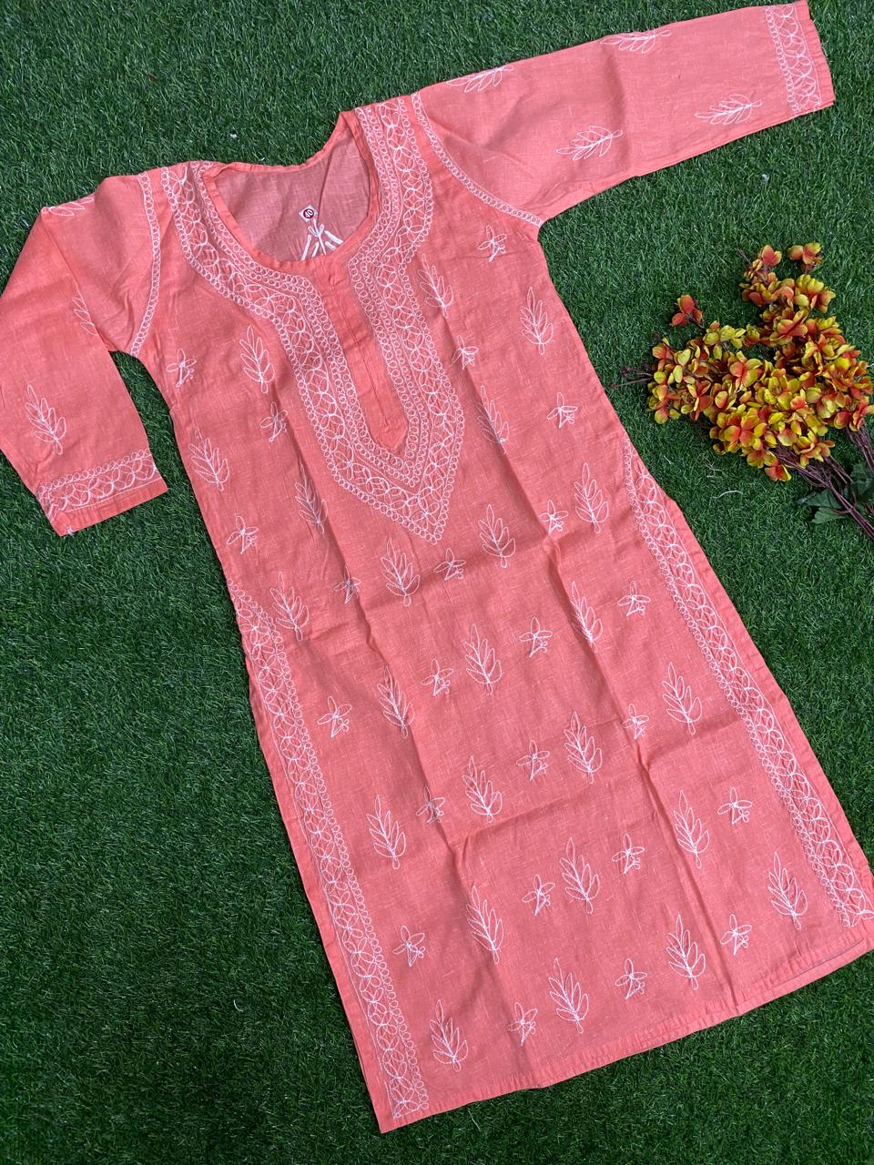 Riya Lucknowi chikankari Aari Bakhiya work Cotton Long Kurtis