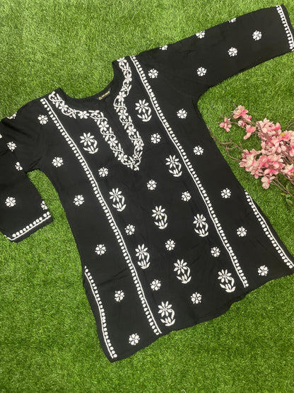 Mira Chikankari Rayon Handwork Straight Short Kurti.