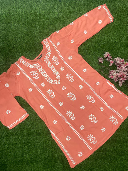 Mira Chikankari Rayon Handwork Straight Short Kurti.