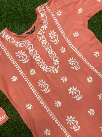 Mira Chikankari Rayon Handwork Straight Short Kurti.