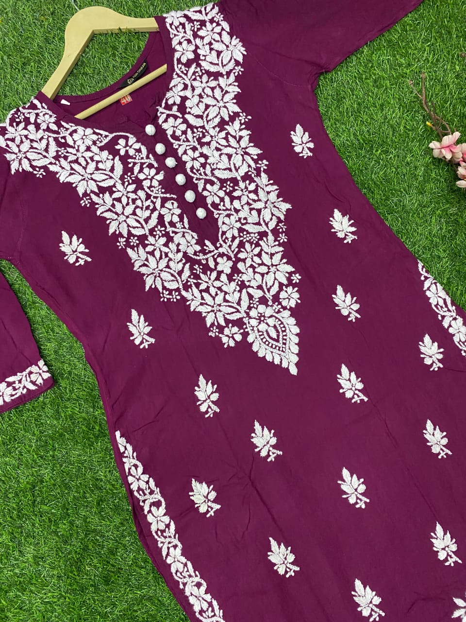 Celebrity Collection Lucknowi Chikankari Very Fine Ghaspati Handwork & with Handmade Quresia Buttons Modal Kurti(Color Chart)