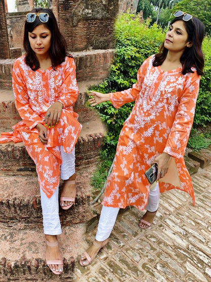 Mul Mul Cotton Chikankari Handwork Long Kurti For Women (Color Chart)