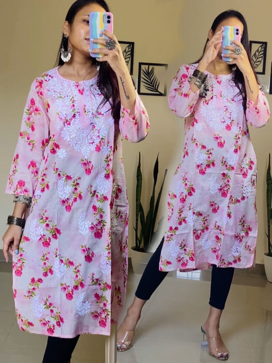 Aliya Lucknowi Chikankari Embroidery Printed Mul Mul Cotton Long Kurta(Color Chart)
