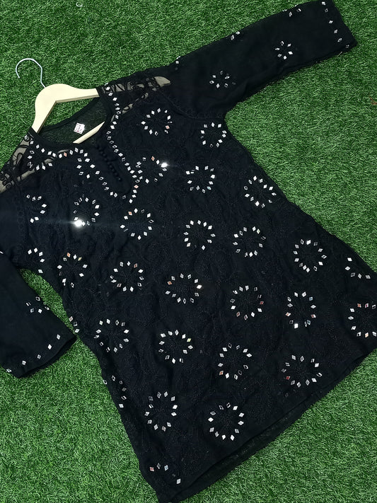 "ADR CHIKAN Presents Lucknowi Chikankari Aari Bakhiya Work Mirror Front Jaal Short Tops"