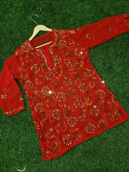 "ADR CHIKAN Presents Lucknowi Chikankari Aari Bakhiya Work Mirror Front Jaal Short Tops"