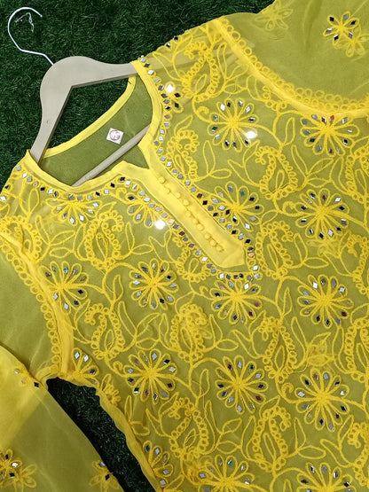 "ADR CHIKAN Presents Lucknowi Chikankari Aari Bakhiya Work Mirror Front Jaal Short Tops"