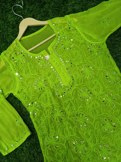 "ADR CHIKAN Presents Lucknowi Chikankari Aari Bakhiya Work Mirror Front Jaal Short Tops"