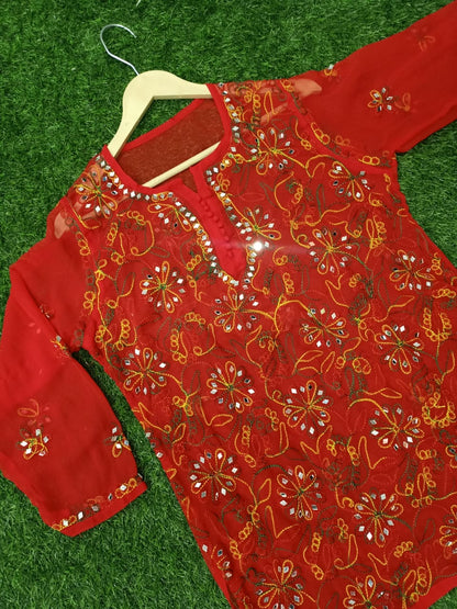 "ADR CHIKAN Presents Lucknowi Chikankari Aari Bakhiya Work Mirror Front Jaal Short Tops"