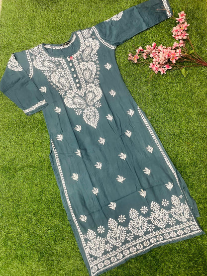 "Bushra Lucknowi Chikankari Modal Straight Kurta"