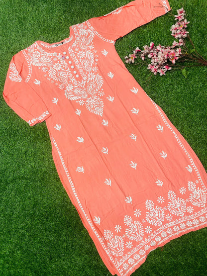 "Bushra Lucknowi Chikankari Modal Straight Kurta"