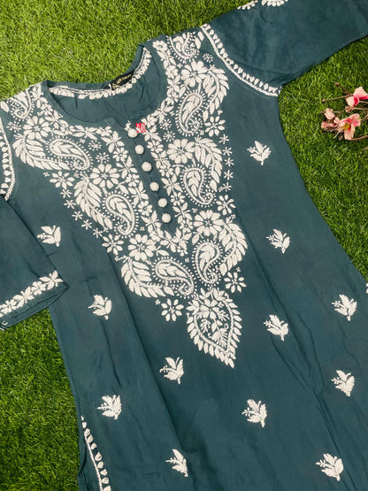 "Bushra Lucknowi Chikankari Modal Straight Kurta"