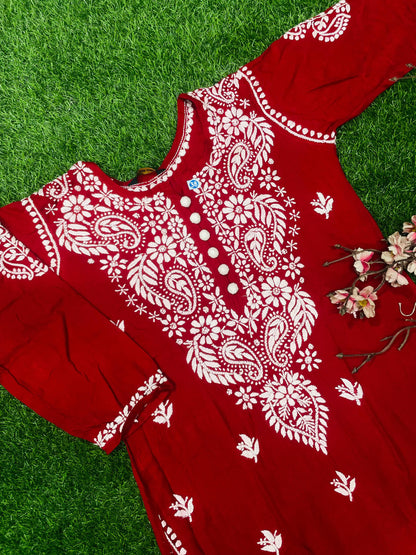 "Bushra Lucknowi Chikankari Modal Straight Kurta"