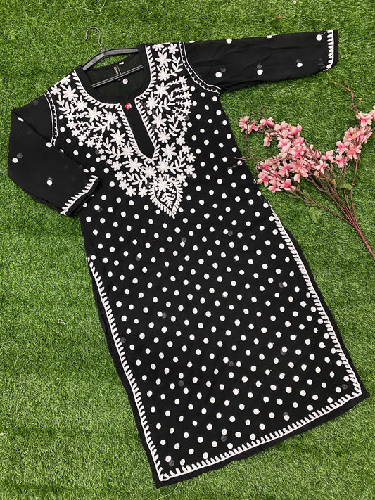 Lucknowi Chikankari Keel Jaal Work Georgette Kurti with matching InnerFor Women By ADR Chikan.