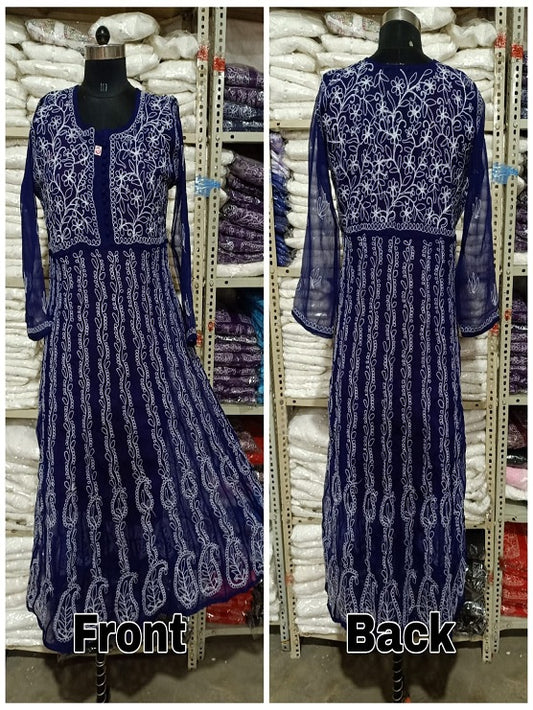 Lucknowi Chikankari Aari Embroidery Georgette Anarkali Kurti with Matching Inner | ADR Chikan