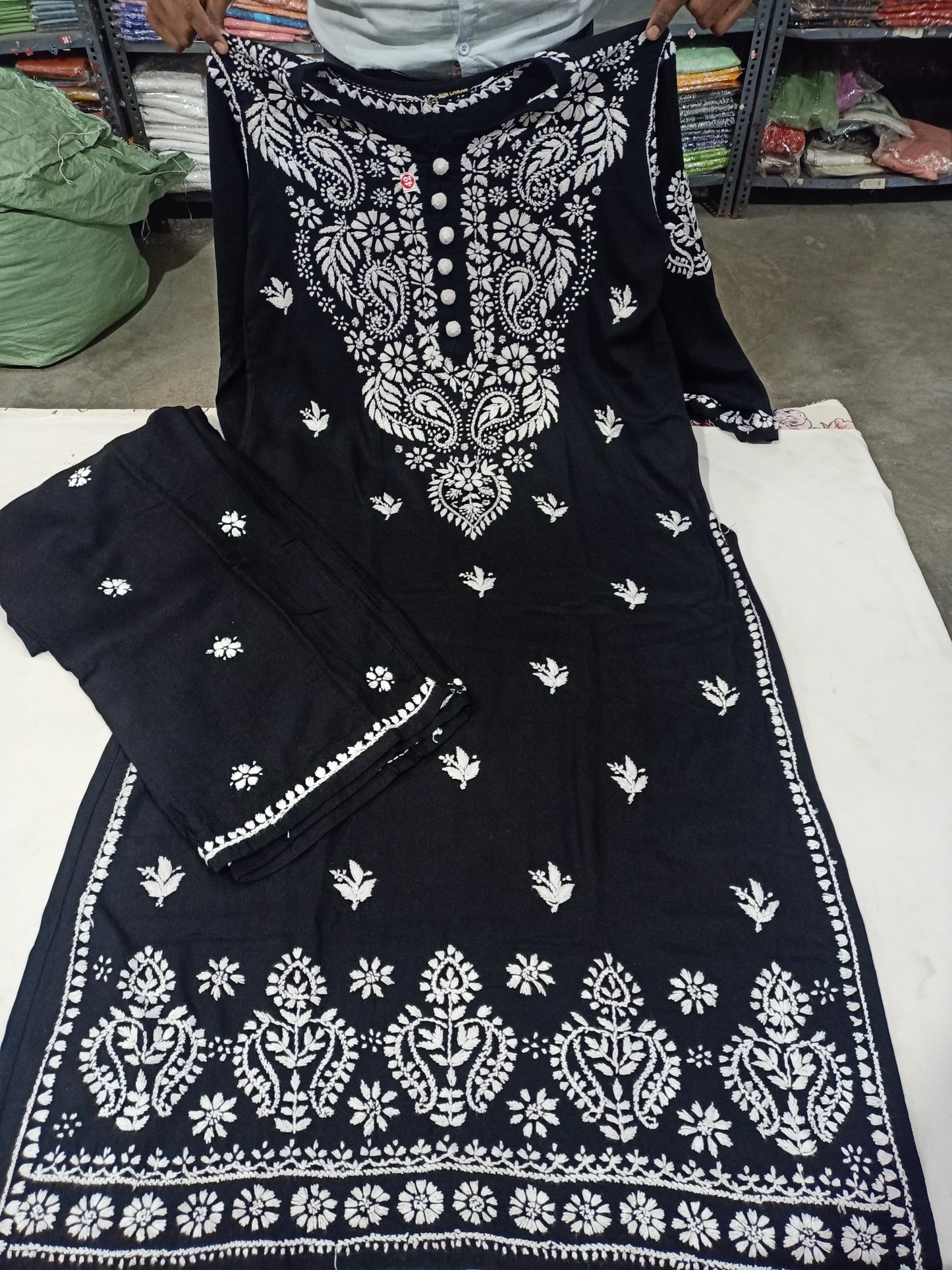 Lucknowi Chikankari Handwork Modal Straight Long Kurta with Palazzo Co-ord Set | ADR Chikan