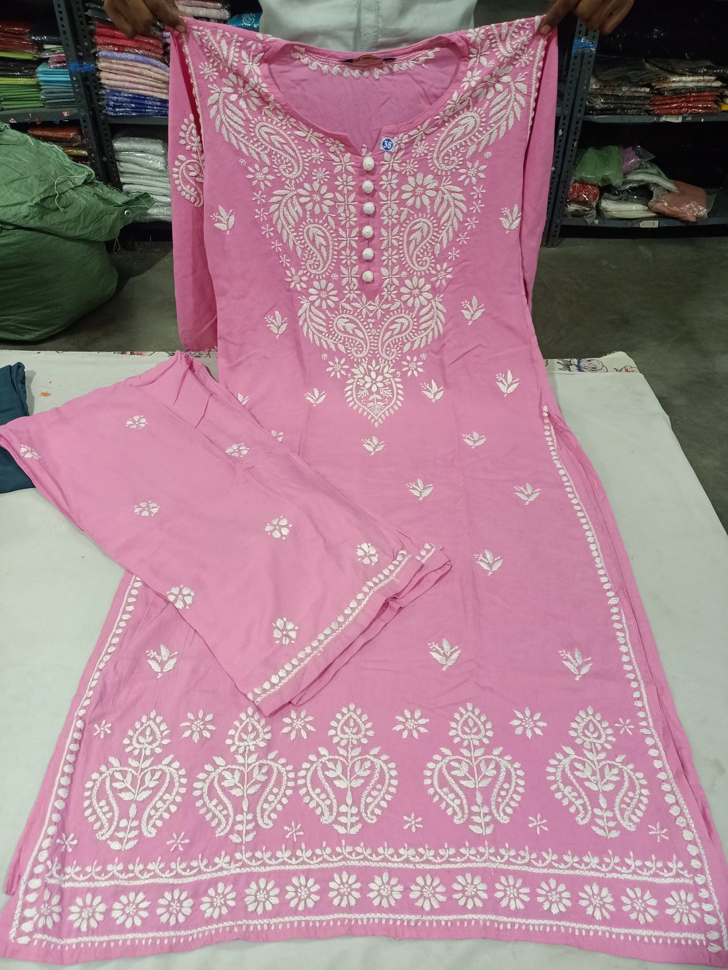 Lucknowi Chikankari Handwork Modal Straight Long Kurta with Palazzo Co-ord Set | ADR Chikan