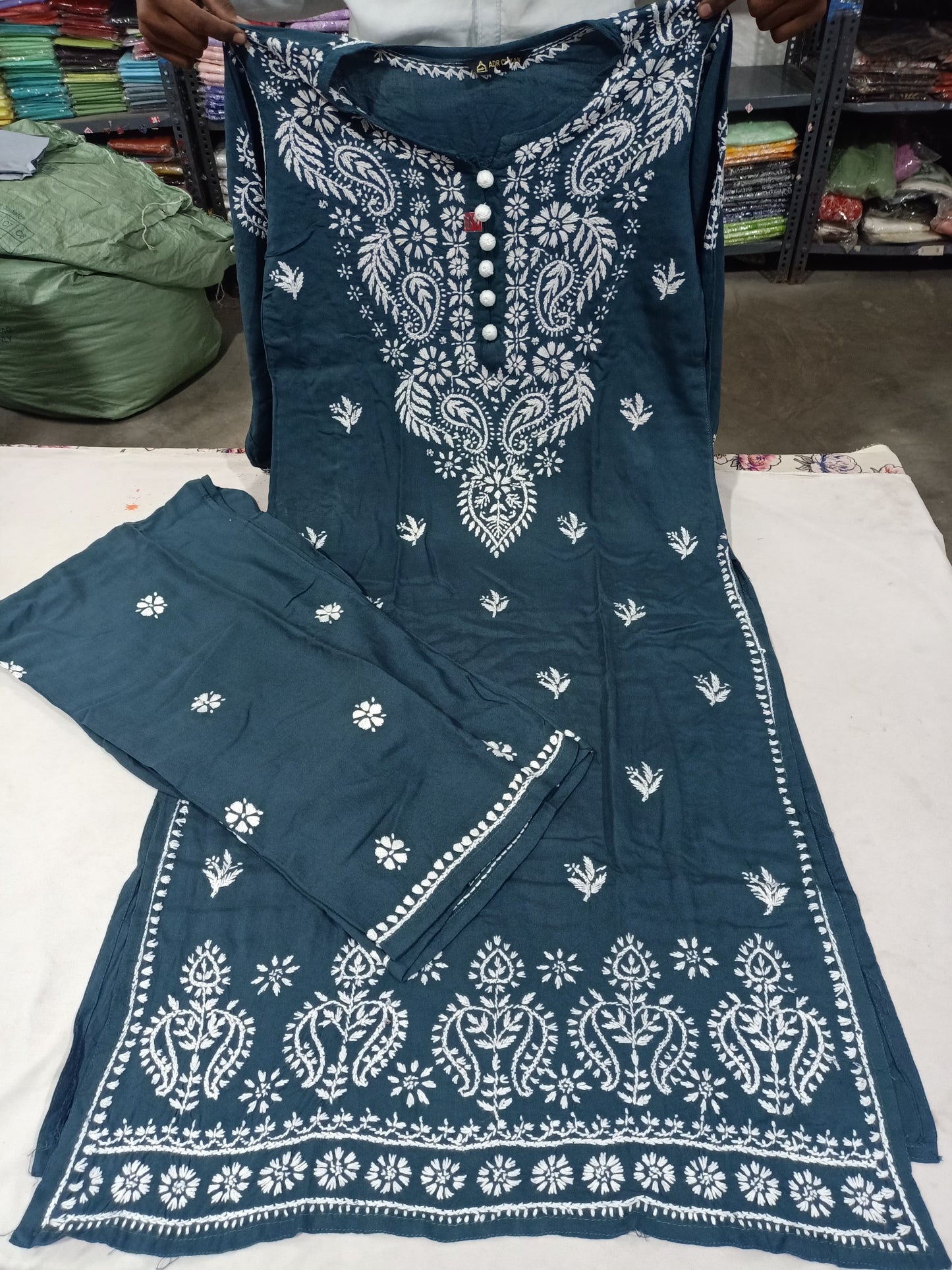 Lucknowi Chikankari Handwork Modal Straight Long Kurta with Palazzo Co-ord Set | ADR Chikan