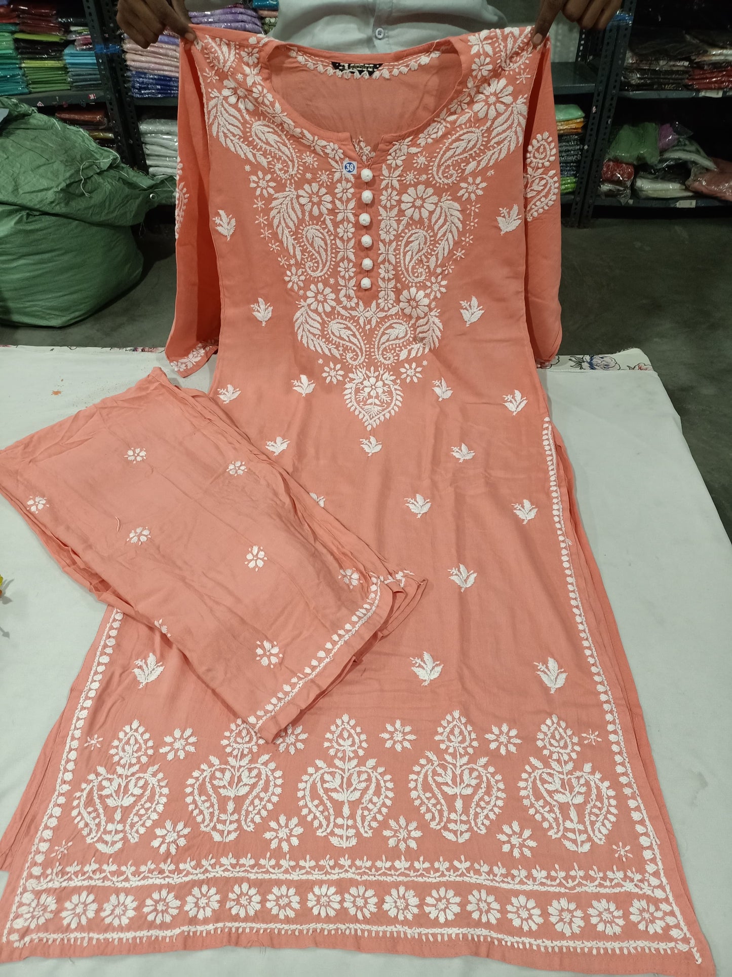 Lucknowi Chikankari Handwork Modal Straight Long Kurta with Palazzo Co-ord Set | ADR Chikan