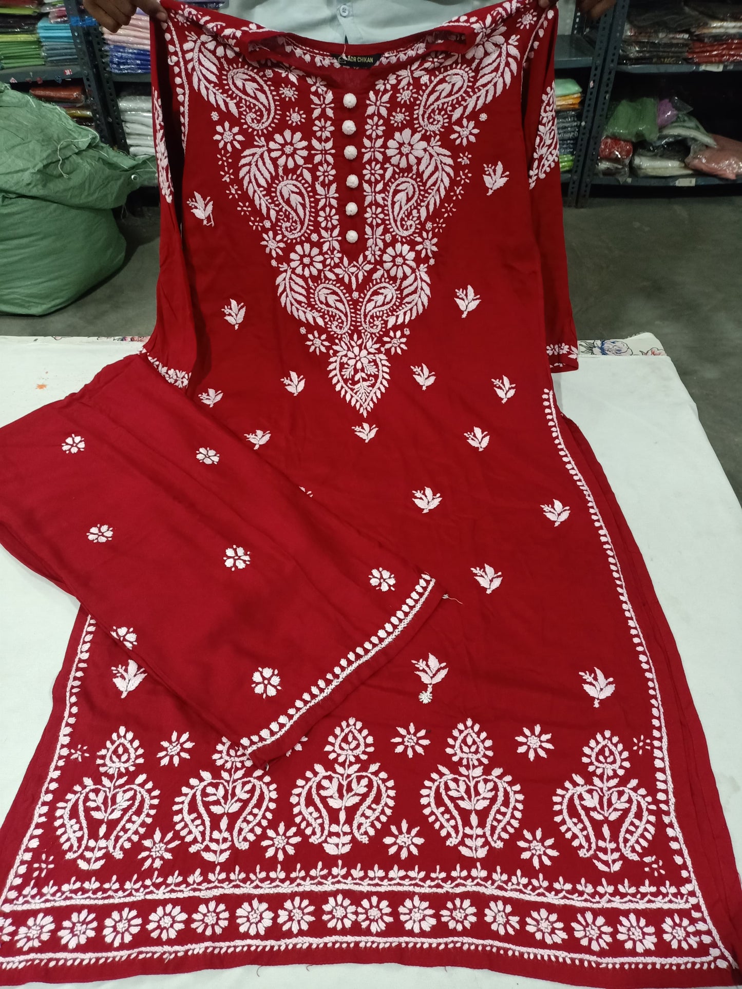 Lucknowi Chikankari Handwork Modal Straight Long Kurta with Palazzo Co-ord Set | ADR Chikan