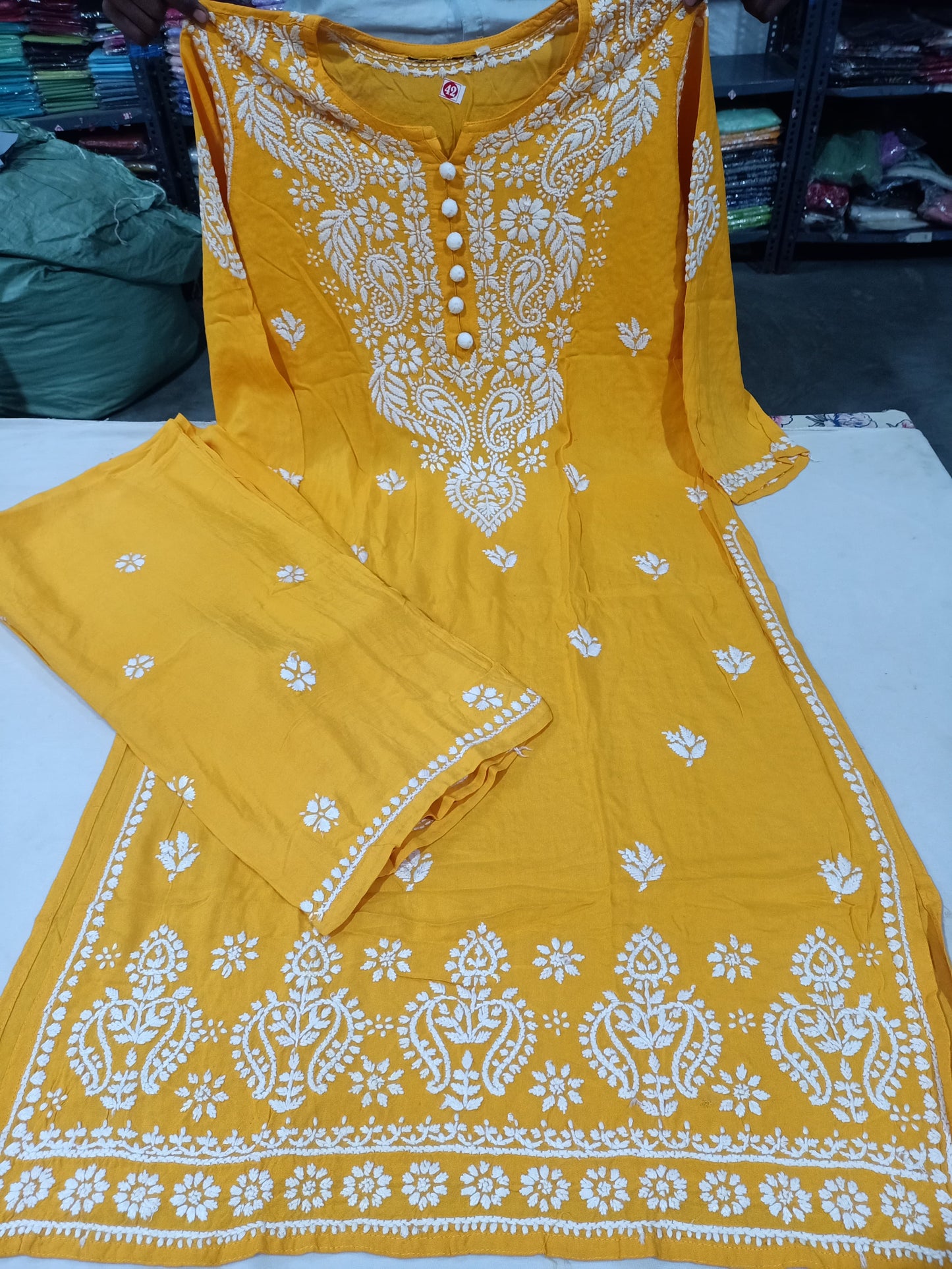 Lucknowi Chikankari Handwork Modal Straight Long Kurta with Palazzo Co-ord Set | ADR Chikan