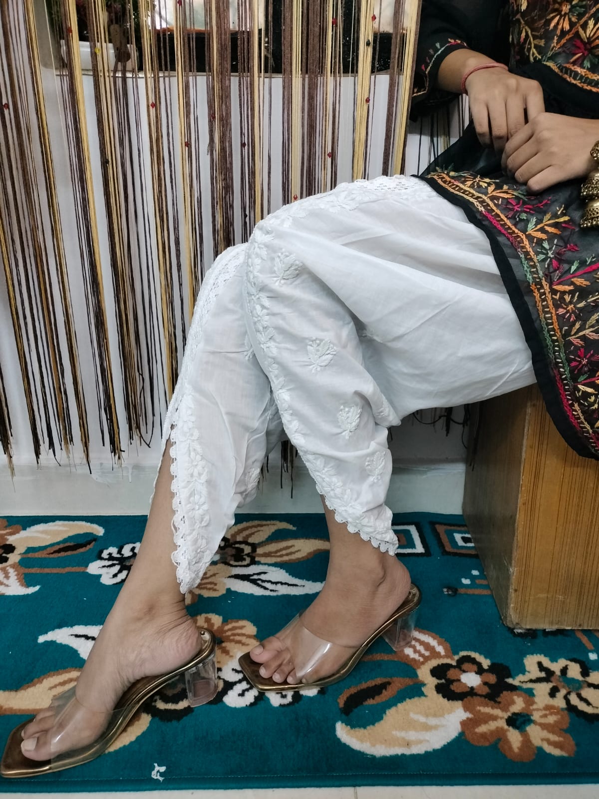 Lucknowi Chikankari Handcrafted Cotton White Tulip Pant (Dhoti) | ADR Chikan