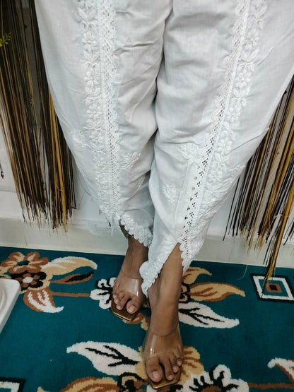 Lucknowi Chikankari Handcrafted Cotton White Tulip Pant (Dhoti) | ADR Chikan