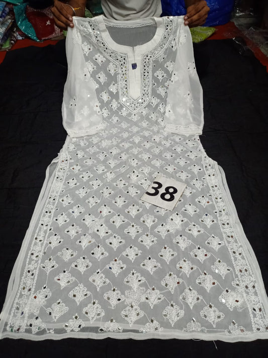 Lucknowi Chikankari Handwork Mirror Work Buti Jaal White Kurti With Slip( M Size Only )