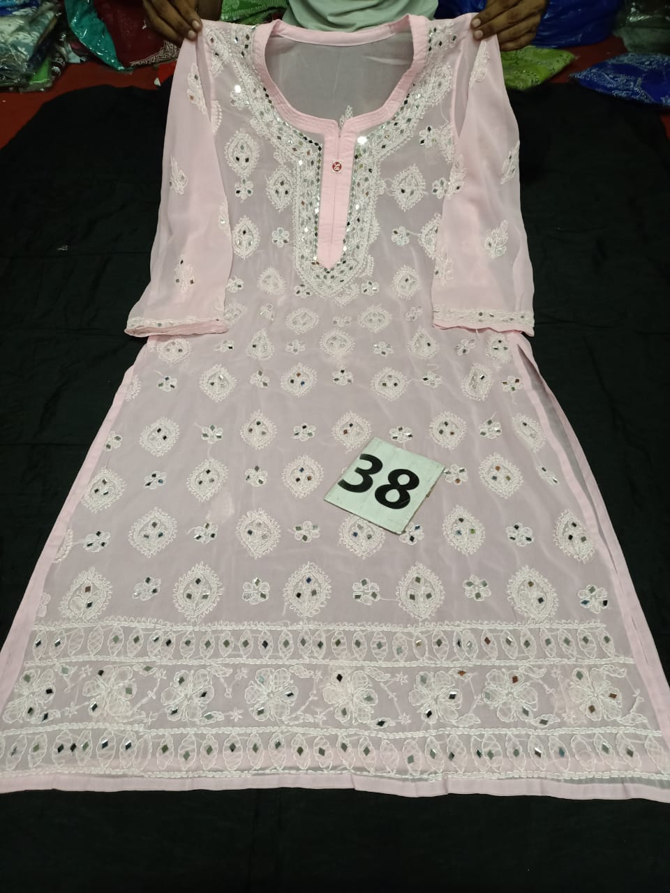 Lucknowi Chikankari Handwork Mirror Work Buta Jaal Kurti With Slip( M Size Only )